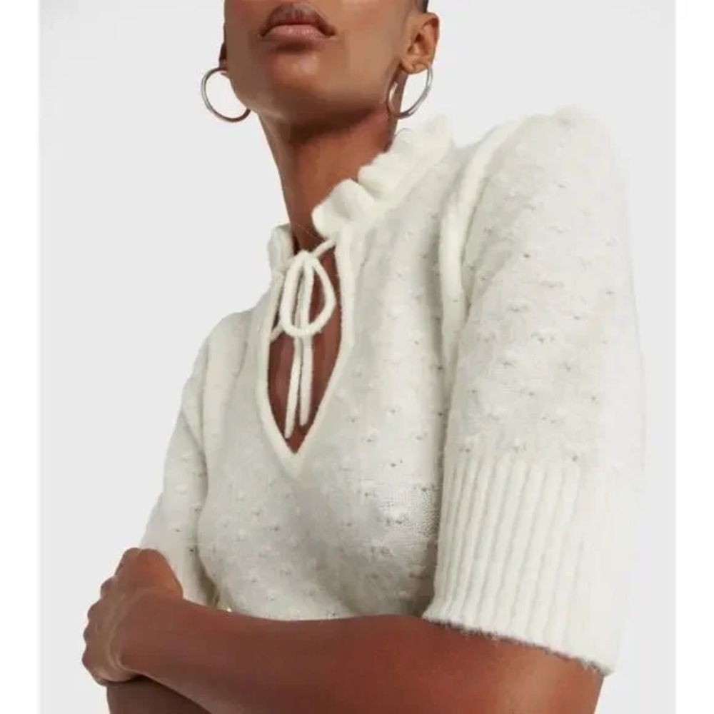 Ganni Short Sleeve Pointelle Coquette Sweater in Egret Size S NWOT $295